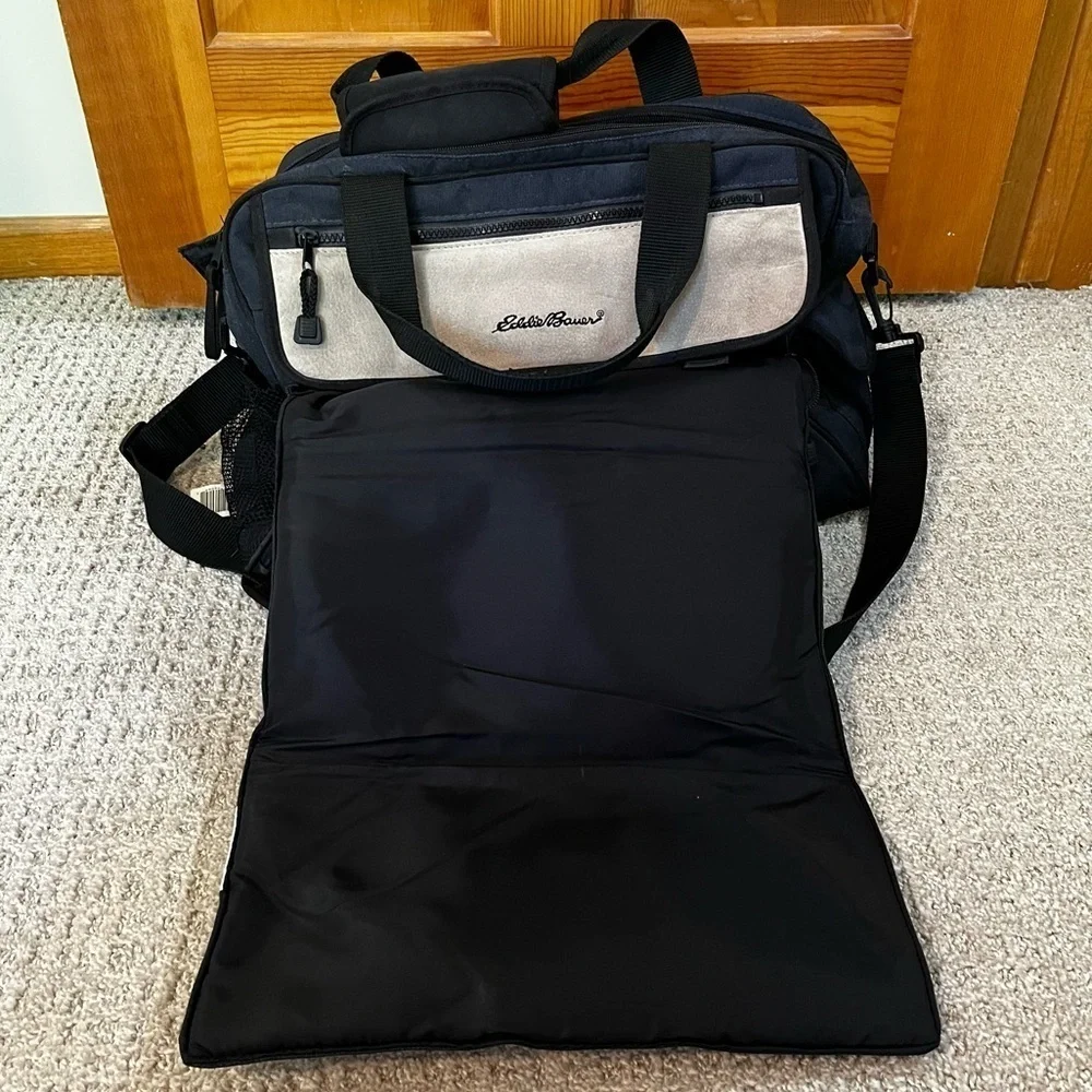Eddie Bauer Black Canvas Leather Diaper Bag Changing Pad Overnight Travel Rugged